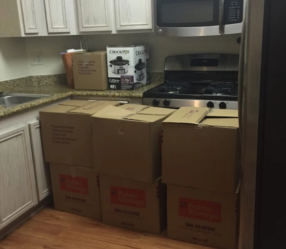 Packed boxes in a kitchen